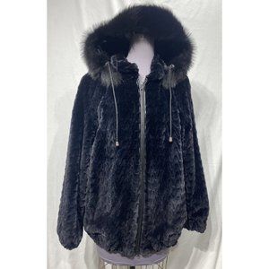 sheared beaver dyed jacket onyx carving design bomber w hood  (50116)